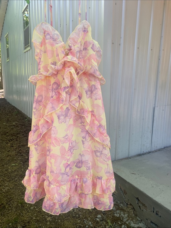 SHEIN Dresses & Skirts - SHEIN Yellow Floral Ruffle Sundress with Pink & Lavender Accents